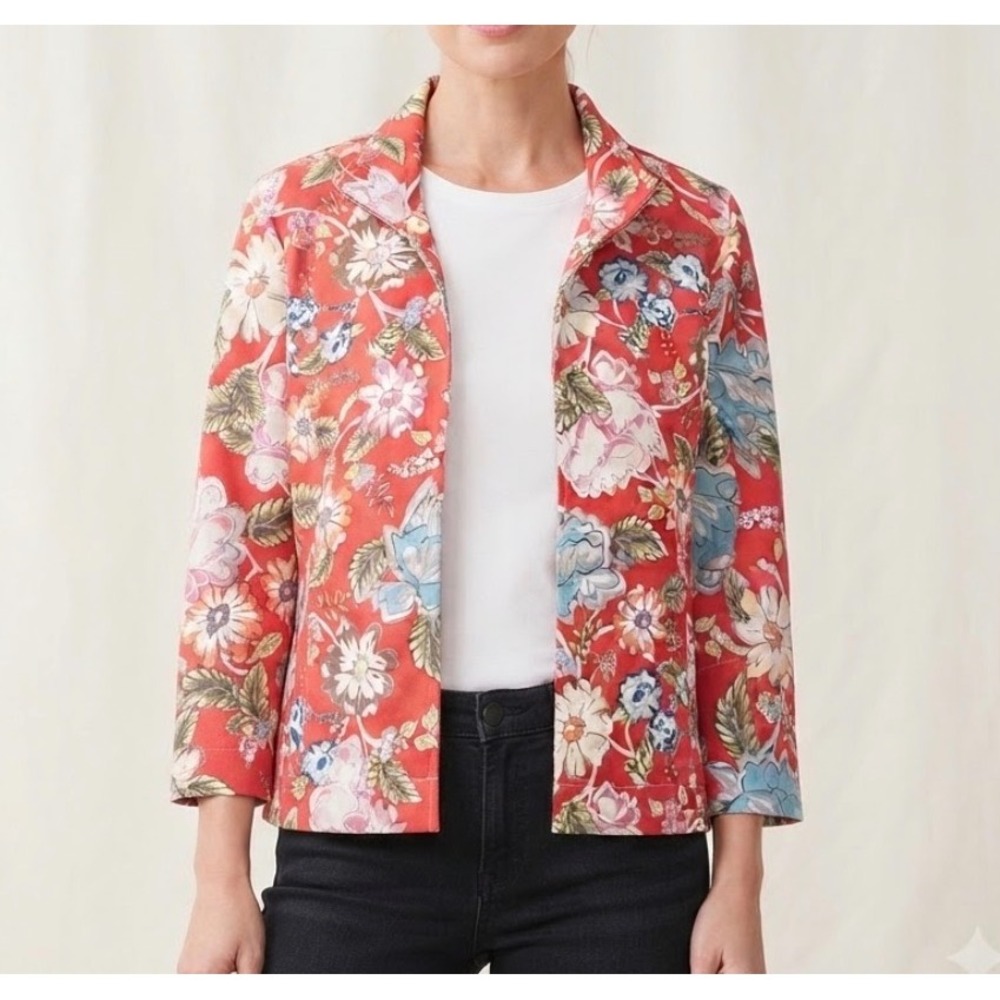 Appleseeds Petites Coral Floral Open Front Jacket 3/4 Sleeve Medium